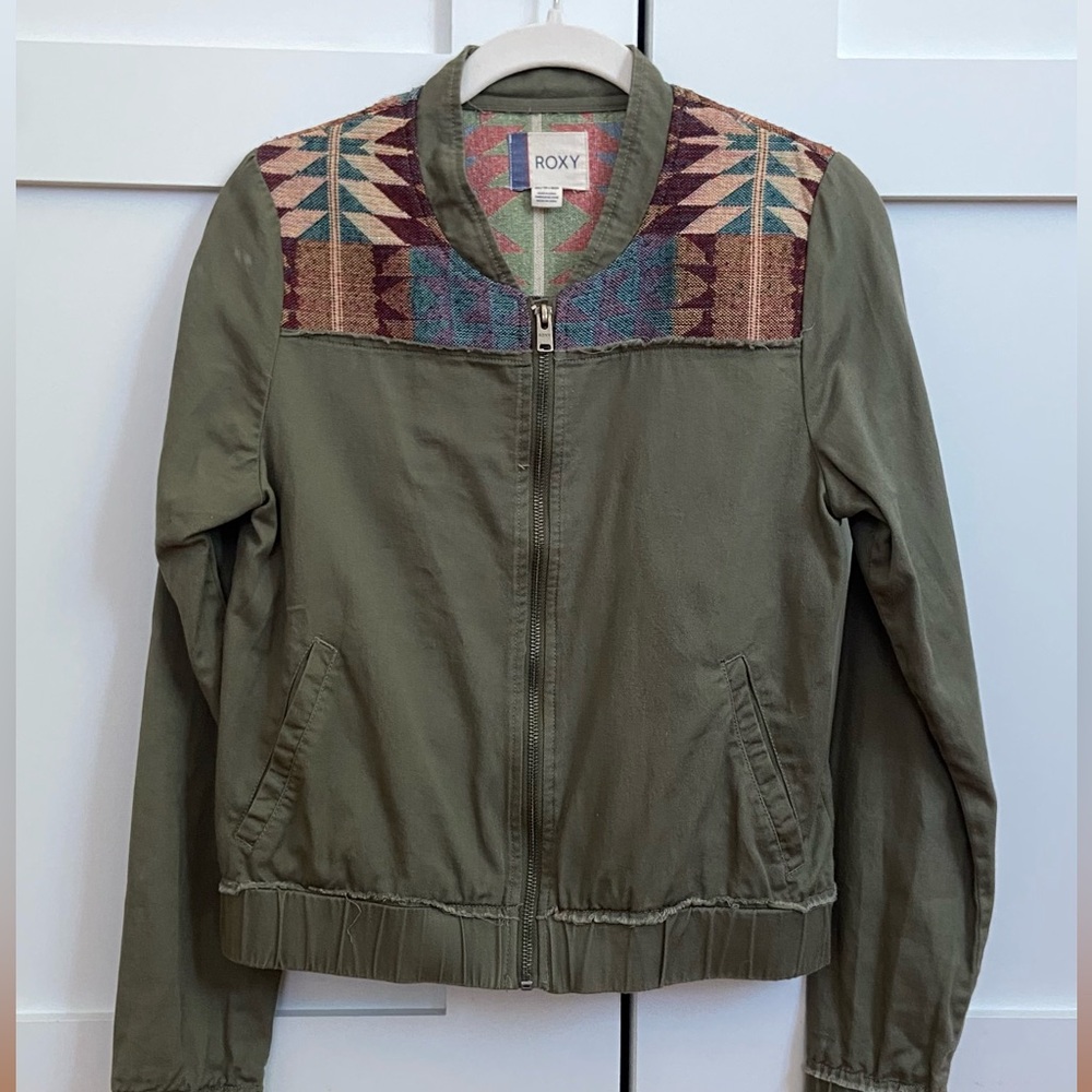 Roxy XS Distressed Olive Bomber Jacket